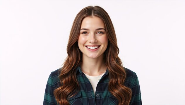 Portrait of a smiling young woman with long wavy brown hair. Happy female model in plaid shirt on white background. Casual headshot for lifestyle and fashion