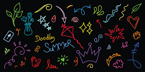 Obraz premium colorful summer doodle elements neon outline on black background, hand drawn summer icons collection with crown kite stars arrows
