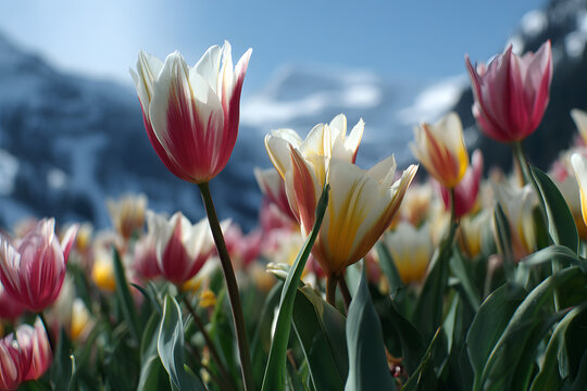 Bunte Tulpenwiese mit Alpenpanorama im Hintergrund bei k&uuml;hler Morgenstimmung