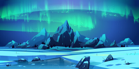 Aurora borealis illuminates northern landscape with mountains and frozen lake. Green polar lights across night sky in cartoon magical nordic arctic vector scene with winter gradient effects. © vectorpouch