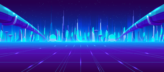 Futuristic city background with neon lights and towering buildings against night skyline. Smart tech concept with blue digital cyber elements and glowing urban architecture for game design.