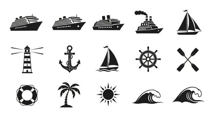 Collection of nautical and maritime themed black and white illustrations. © Roki