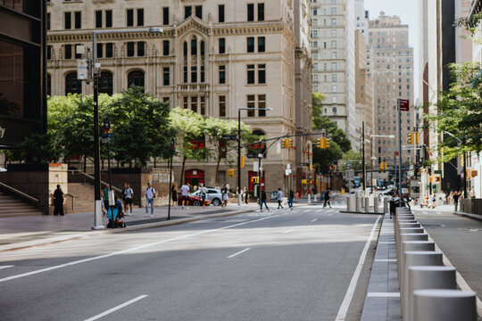 City Street with Pedestrians and Historic Buildings
