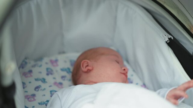 White baby lying in pram closeup, newborn shifting and gazing, soft patterned lining and blanket, tiny hand movement, peaceful nap turning to alert stare, intimate lifestyle moment with calm nurturing