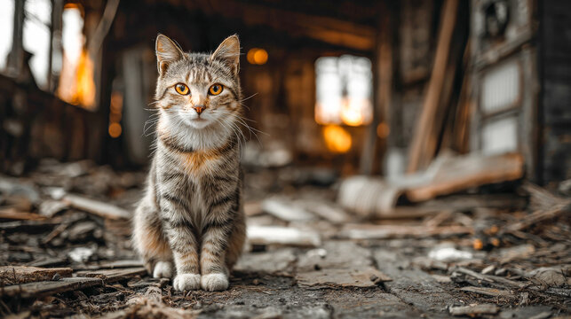 Tabby cat sitting in abandoned building rubble