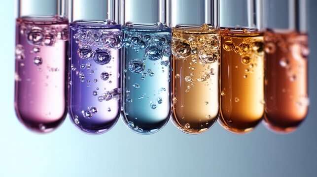 Colorful Laboratory Test Tubes Arranged in a Row With Sparkling Liquids