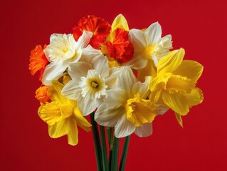 Obraz premium daffodils bouquet easter isolated on a red background