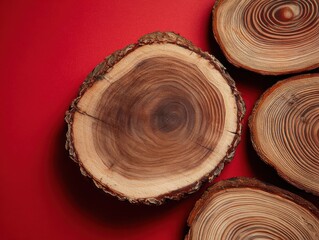 Obraz premium wood slice natural rings isolated on a red background