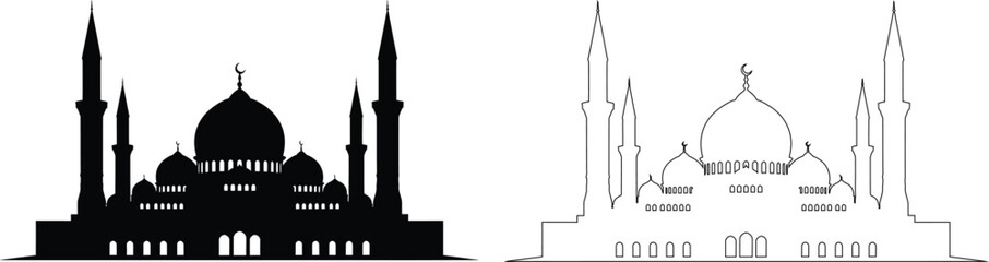 Architectural silhouettes of a mosque and a church against a plain background