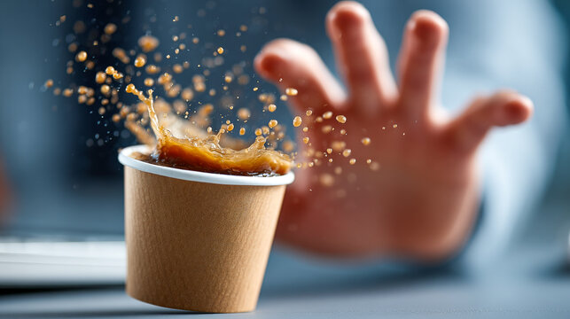 Spilling coffee from paper cup causing a mess