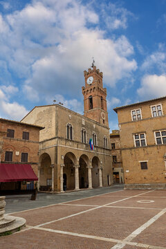 The Palazzo Comunale in Pienza is a historic town hall building located in the central Piazza Pio II, directly opposite the cathedral. Pienza, Tuscany, Italy.