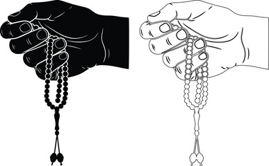 Illustration of hands holding rosary beads with a crucifix pendant