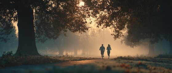 Obraz premium Morning couple running in foggy park. Serene autumn fitness moment with golden sunrise.