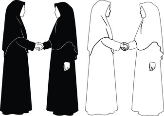 Two illustrations depicting a handshake between fully veiled figures and an embrace between robed individuals