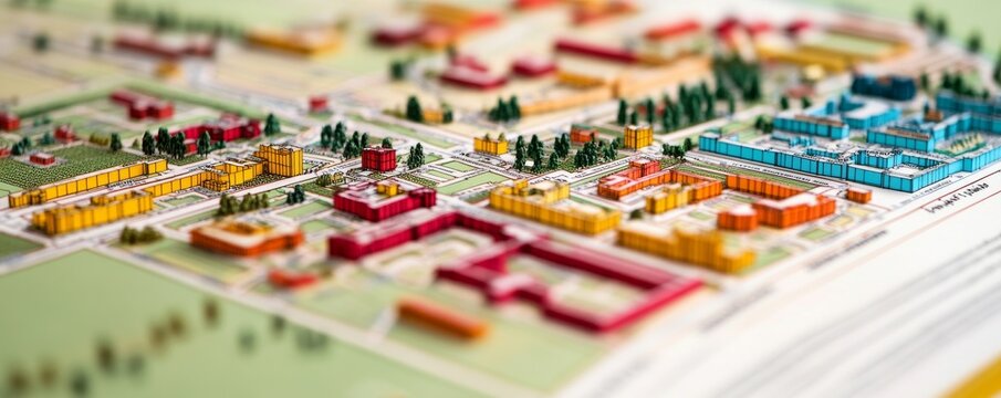 Miniature 3D city map, tilt-shift perspective, colorful architectural models, urban planning concept, detailed layout, vivid colors. Cityscape, Miniature