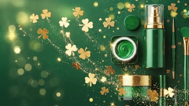 Green cosmetic products and makeup tools with golden shamrocks, stars, and bokeh. St. Patricks Day beauty banner with copy space for promotion.
