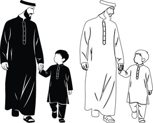 Traditional family portrait with cultural attire and hand-holding gestures