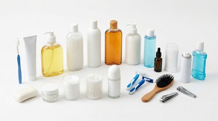 Personal Care and Hygiene Products Assortment isolated on white