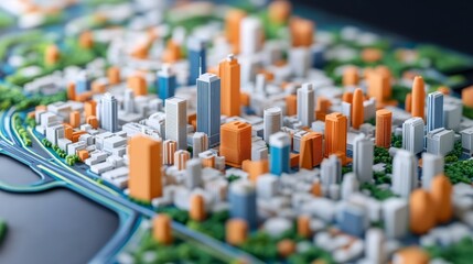 Obraz premium Miniature Cityscape Model Detailed Focus on Architecture and Infrastructure, Macro Photography, Conceptual Art, Urban Planning, Architecture, Miniatures, Futuristic City