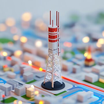 Miniature Cityscape Macro view of a cell tower amidst a blurred, bokeh-filled miniature urban diorama, suggesting connectivity and urban sprawl. Macro, City, Connectivity