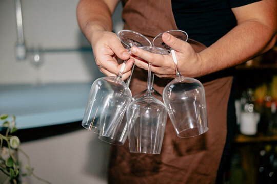 Bartender Holding Clean Wine Glasses