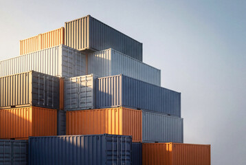 Industrial scene of stacked cargo shipping containers illuminated by warm sunset light. Concept of global logistics, international trade, supply chain management and import export business.