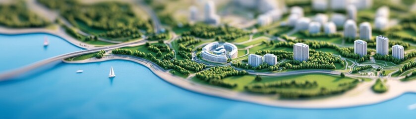 Obraz premium Miniature modern city development on a coastal bay, showcasing sustainable architecture amidst lush green landscapes and tranquil waters, Concept Eco-friendly urban planning, real