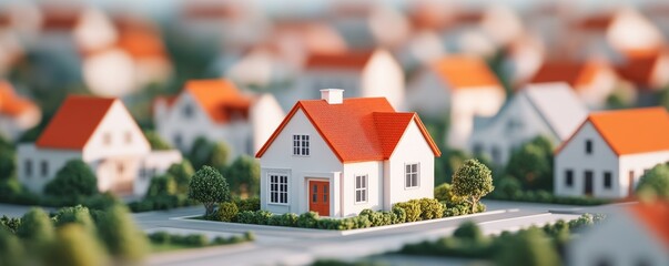 Miniature suburban neighborhood with a focus on a white house with an orange roof, showcasing community and real estate, RealEstate, Neighborhood