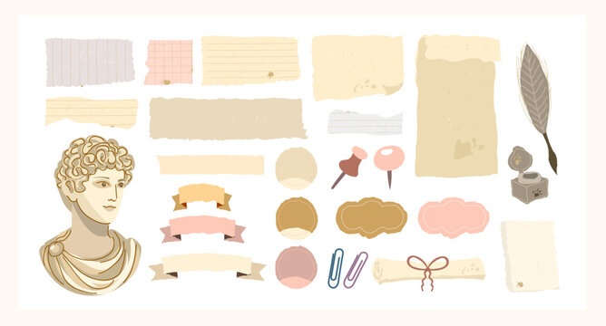 Vintage journaling clipart set with torn paper scraps, parchment notes, ribbons, labels, wax seal, quill and ink. Soft neutral palette for scrapbooking, planners, collages and branding.