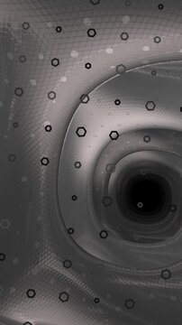 Abstract spiral vortex with floating circles in grayscale, artistic visual.