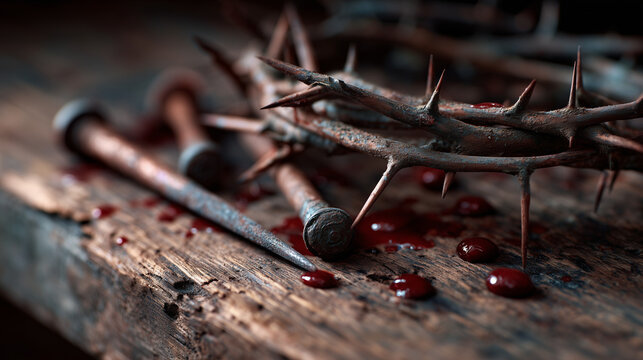 Crown of thorns with rusty nails and blood drops on rough wood for Jesus Christ crucifixion concept
