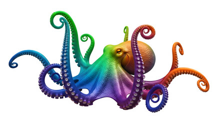 Fototapeta premium Vibrant rainbow octopus stretching colorful tentacles in playful underwater scene