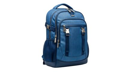 Fototapeta premium Stylish blue backpack with silver zippers and buckles for daily use