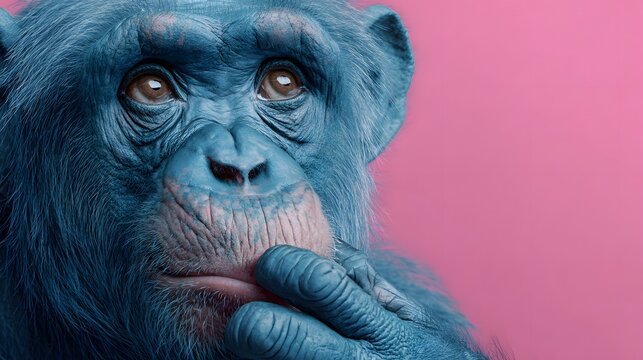 A creative shot of a thoughtful, colorfully painted chimpanzee on pink background