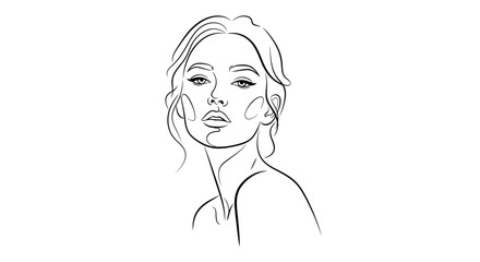 Elegant minimalist line art portrait of a young woman's face and shoulders. Modern fashion illustration for beauty and style.