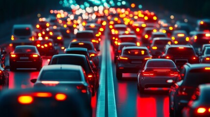 Obraz premium Nighttime Highway Congestion A Deep Dive into Brake Lights and Bokeh, Capturing the Stark Reality of Urban Gridlock. Traffic Jam, Cityscape