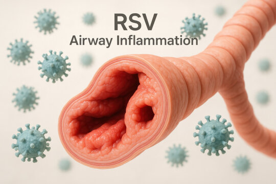 RSV airway inflammation, medical illustration of constricted human bronchiole. Narrowing respiratory passage due to infection from contagious virus particle inside lung
