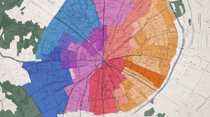 Radial City Map Urban Sectors in Vibrant Hues, Detailed Cartography, Zoning Concept, City Planning, Mapping, Cartography