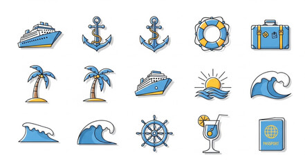 Collection of nautical and travel themed icons and illustrations. © Roki