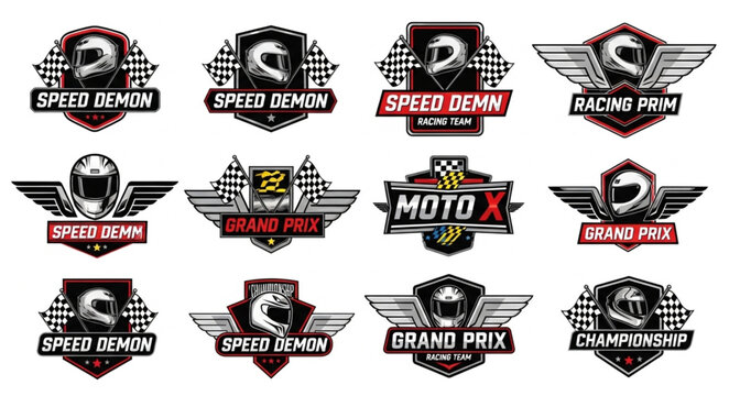 Collection of motorcycle racing emblems and logos with various designs and styles.