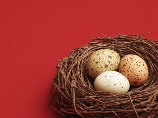 Obraz premium easter eggs in nest isolated on a red background