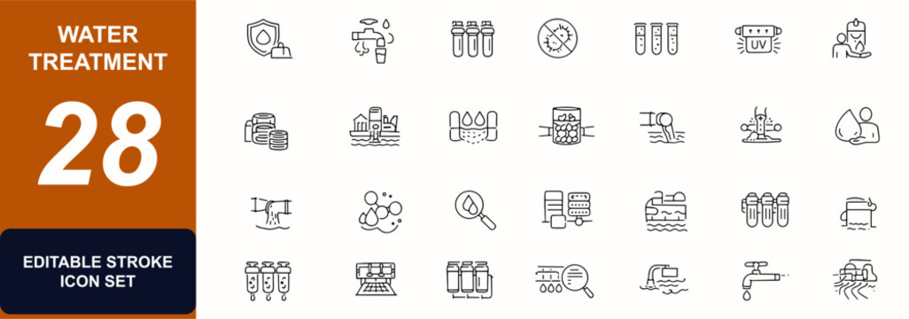Water treatment line editable icon set. Filtration system, sewage pipeline, ultraviolet purifier, pump tank, carbon filter. Editable stroke. Vector illustration.