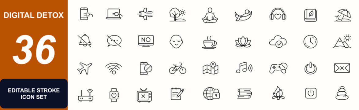 Digital Detox line editable icon set. Mindfulness, airplane mode, offline break, no phone, wifi router, social pause, laptop sleep icon. Editable stroke. Vector illustration.