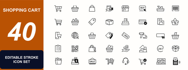 Shopping cart web icons in line style set. Retail checkout, ecommerce purchase, basket, trolley, store payment, barcode scan. Editable stroke. Vector illustration. © Icons studio