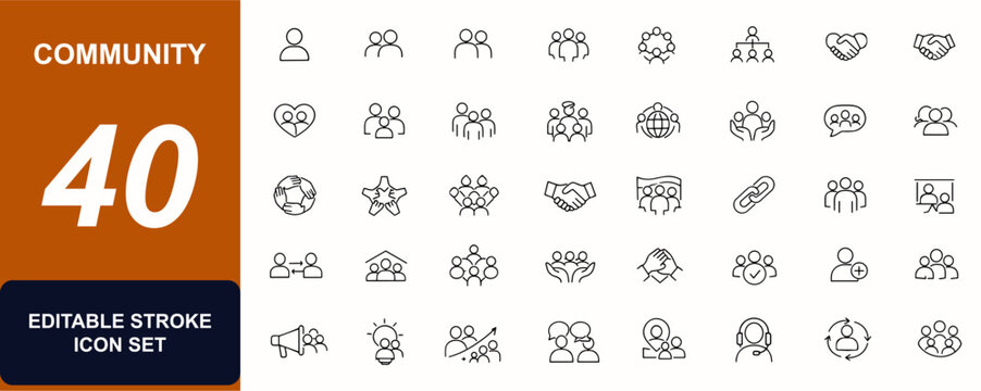 People & Community web icons in line style. Unity symbol, team group, family icon, diversity, social network, avatar profile, support, alliance. Editable stroke. Vector illustration.