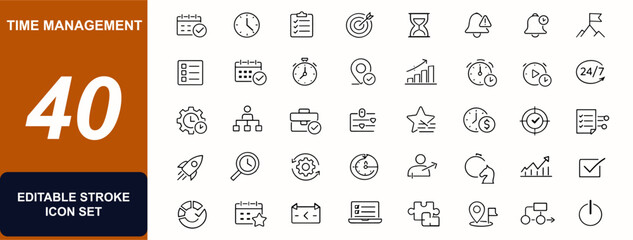 Time management web icons in line style. Clock, deadline, agenda, checklist, workflow, goals, reminder, calendar, task manager, productivity. Editable stroke. Vector illustration. © Icons studio