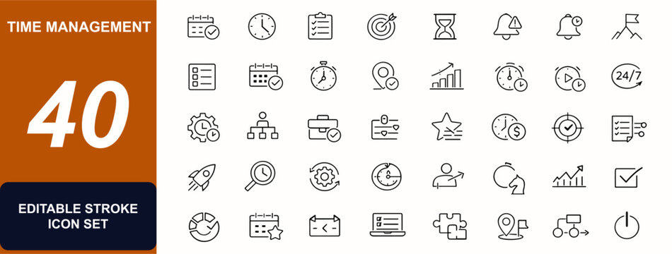Time management web icons in line style. Clock, deadline, agenda, checklist, workflow, goals, reminder, calendar, task manager, productivity. Editable stroke. Vector illustration.
