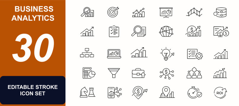 Business analytics web icons in line style. Financial chart, data dashboard, strategy planning, metrics report, profit forecast, research diagram. Editable stroke. Vector illustration.