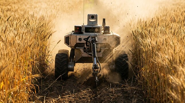  Autonomous robotic farming rover tilling soil in a golden wheat field at sunset, smart agriculture and future farming automation concept.