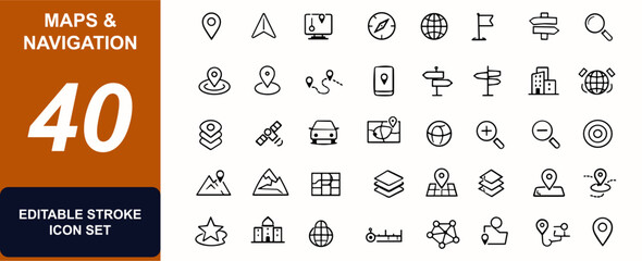 Maps and navigation web icons in line style. GPS routing, atlas layout, compass pin, position marker, route planning, geography symbols, travel map set. Editable stroke. Vector illustration. © Icons studio